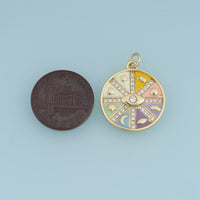 18K Gold Filled Enamel Evil Eye Coin Charm, Multi-Symbol Round Medallion Pendant with CZ for DIY Bracelet & Necklace Jewelry Making Supply