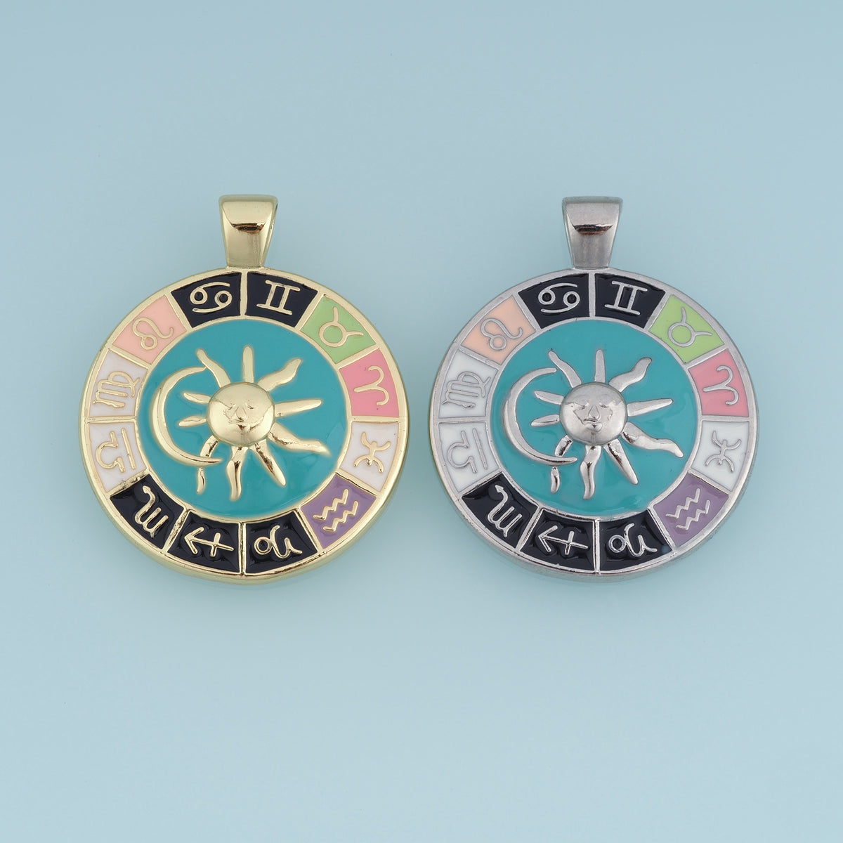 18K Gold & Silver Filled Zodiac Wheel Charm, Enamel Astrology Sun Moon Round Pendant for DIY Bracelet Necklace Making