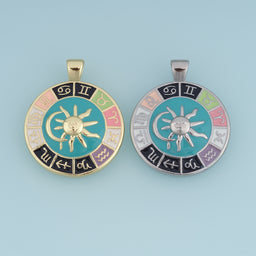 18K Gold & Silver Filled Zodiac Wheel Charm, Enamel Astrology Sun Moon Round Pendant for DIY Bracelet Necklace Making