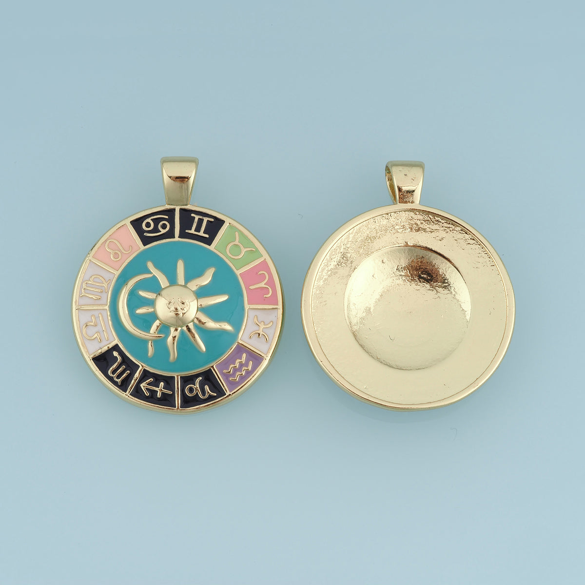 18K Gold & Silver Filled Zodiac Wheel Charm, Enamel Astrology Sun Moon Round Pendant for DIY Bracelet Necklace Making