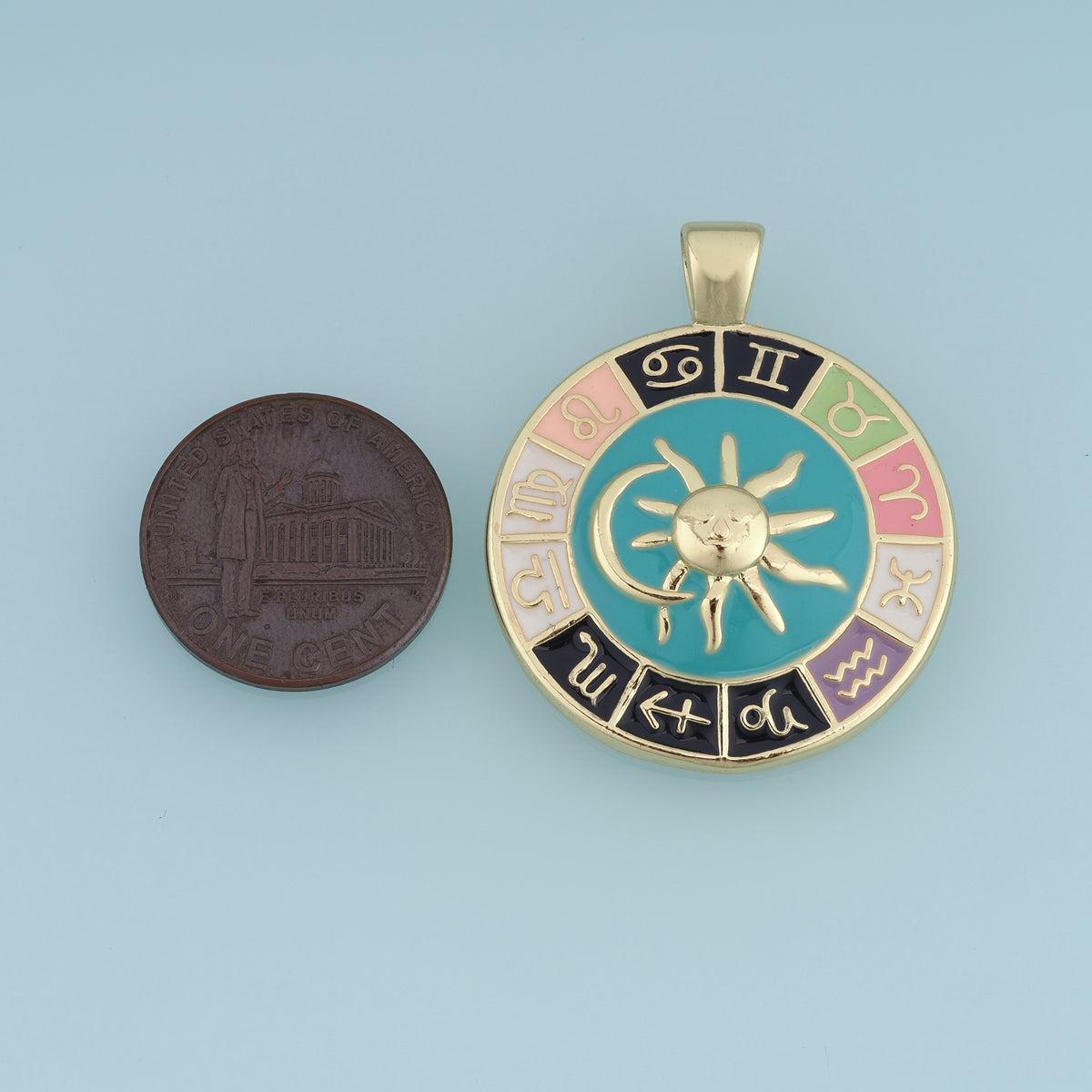 18K Gold & Silver Filled Zodiac Wheel Charm, Enamel Astrology Sun Moon Round Pendant for DIY Bracelet Necklace Making