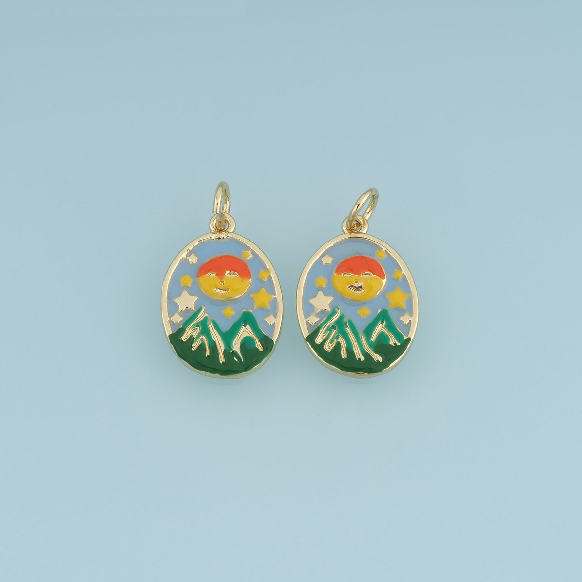 18K Gold Filled Enamel Mountain Sun Charm, Landscape Oval Pendant for DIY Bracelet & Necklace Jewelry Making