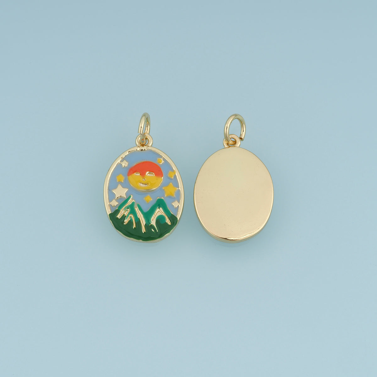 18K Gold Filled Enamel Mountain Sun Charm, Landscape Oval Pendant for DIY Bracelet & Necklace Jewelry Making