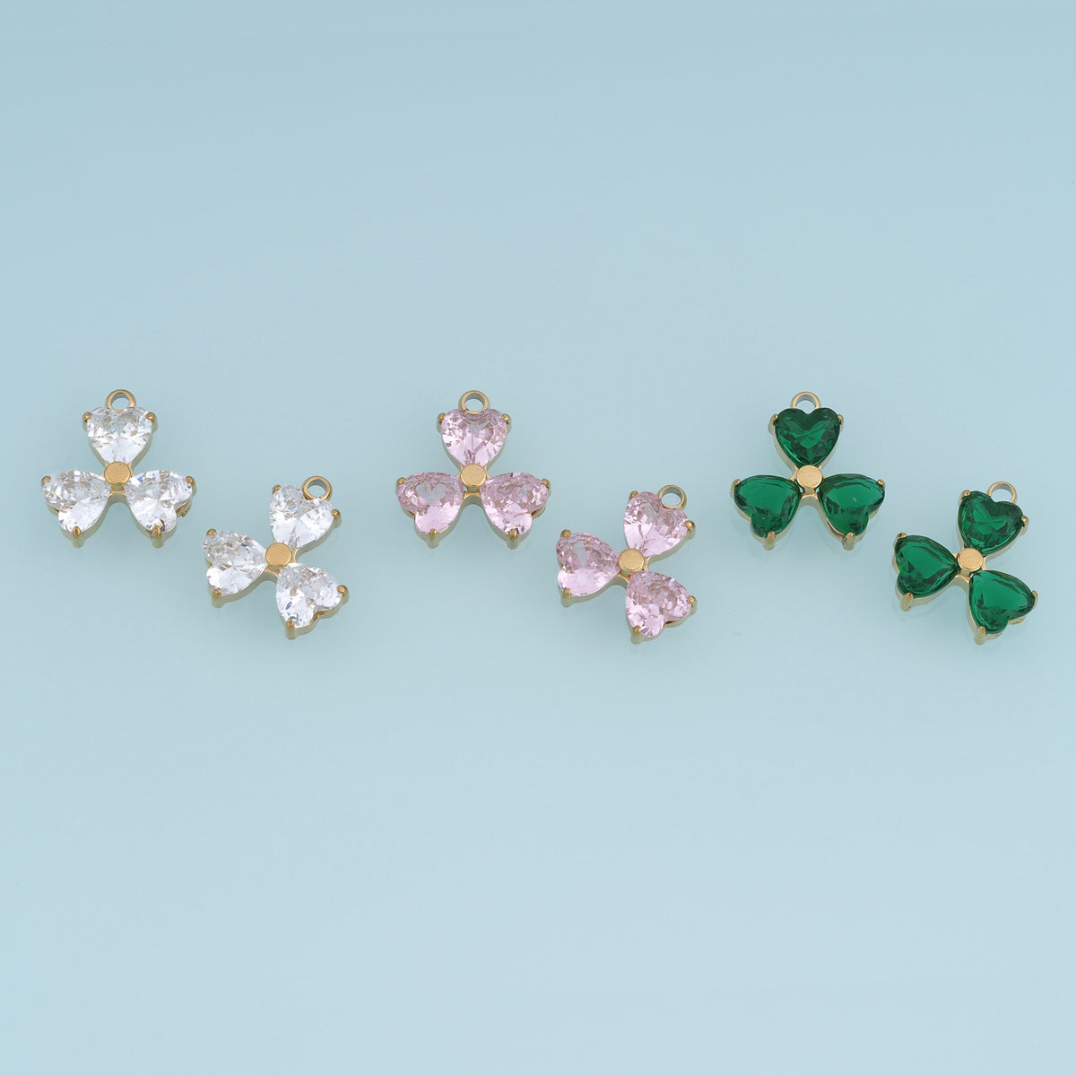 Three Leaf Clover Heart Crystal Pendant,14K Gold Colorful Lucky Charm DIY Charm for Necklace Bracelet Making