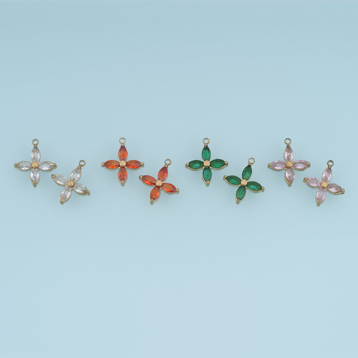 Four Petal Crystal Flower Pendant,14K Gold Colorful Floral Charm DIY Charm for Necklace Bracelet Making