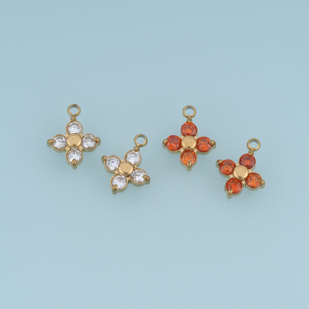 Four Petal Crystal Flower Pendant,14K Gold Orange Clear Floral Charm DIY Charm for Necklace Bracelet Making
