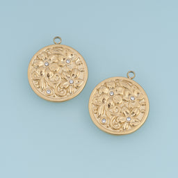 Round Floral Medallion Pendant,14K Gold Vintage Crystal Flower Charm DIY Charm for Necklace Bracelet Making