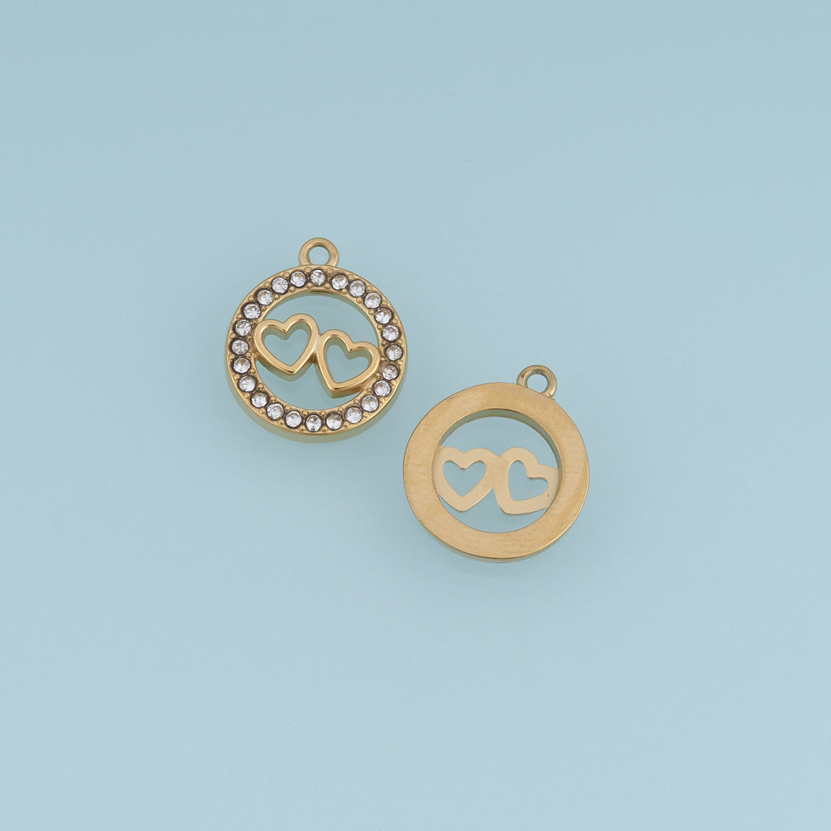Double Heart Circle Pendant,14K Gold Sparkling Crystal Open Heart Charm DIY Charm for Necklace Bracelet Making
