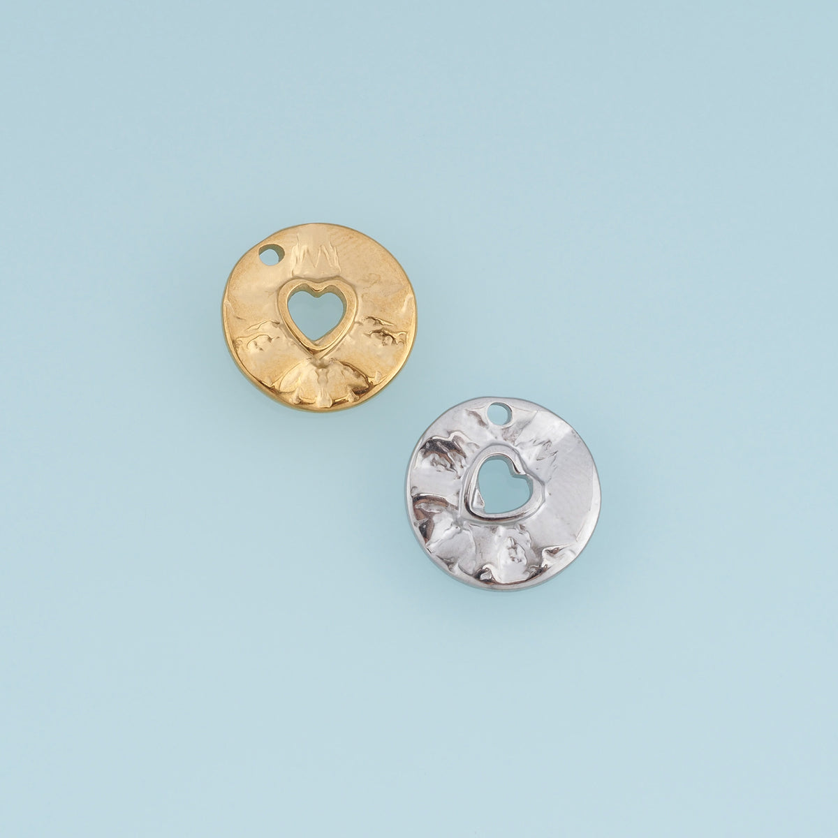 Open Heart Coin Pendant,14K Gold Silver Hammered Textured Heart Charm DIY Charm for Necklace Bracelet Making