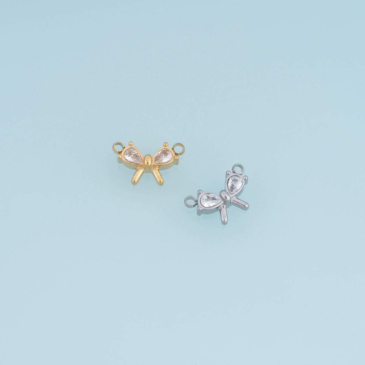 Crystal Bow Connector,14K Gold Silver Dainty Ribbon Charm DIY Connector for Necklace Bracelet Making