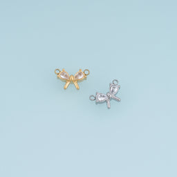 Crystal Bow Connector,14K Gold Silver Dainty Ribbon Charm DIY Connector for Necklace Bracelet Making