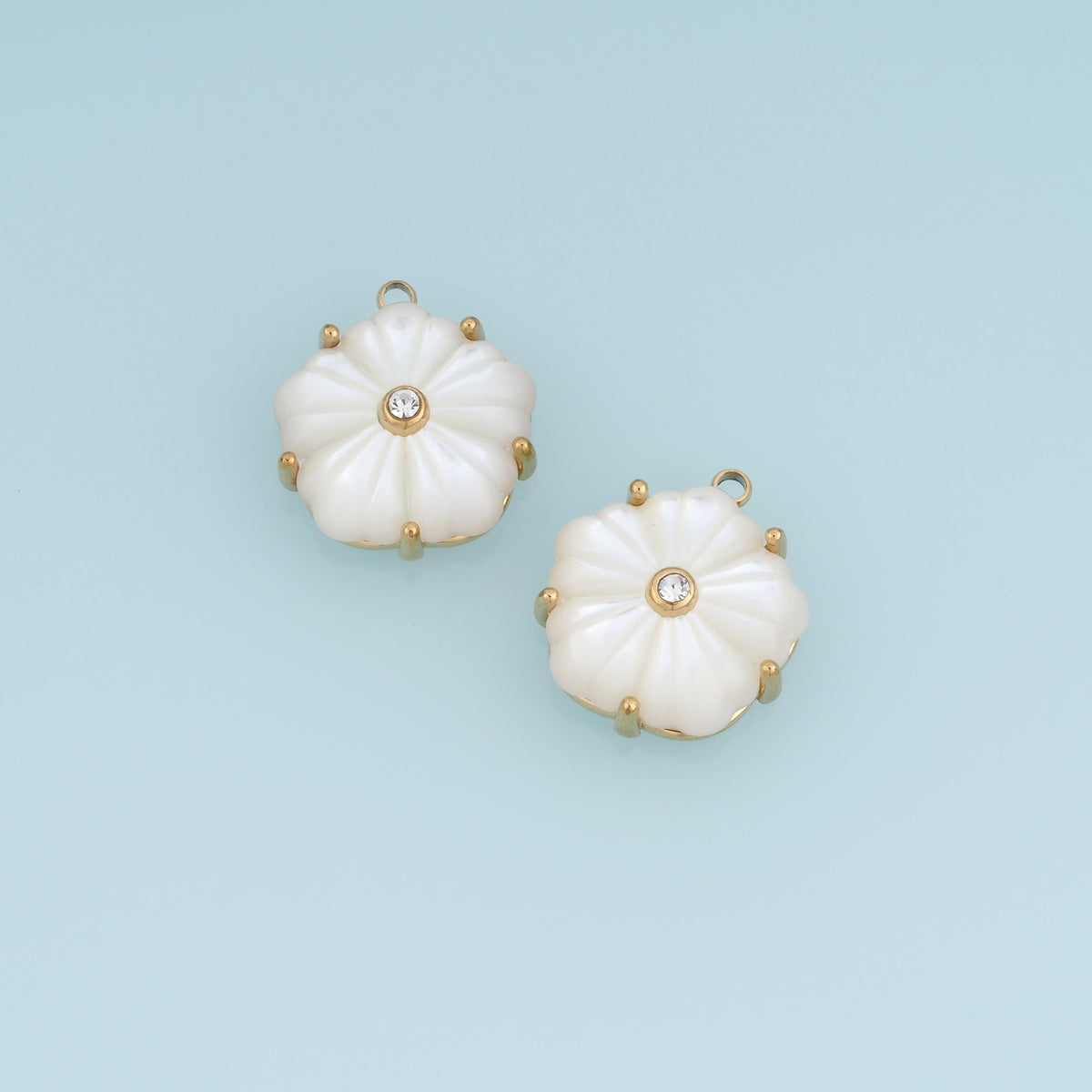 White Pearl Flower Pendant,14K Gold Carved Shell Blossom Crystal Charm DIY Charm for Necklace Bracelet Making