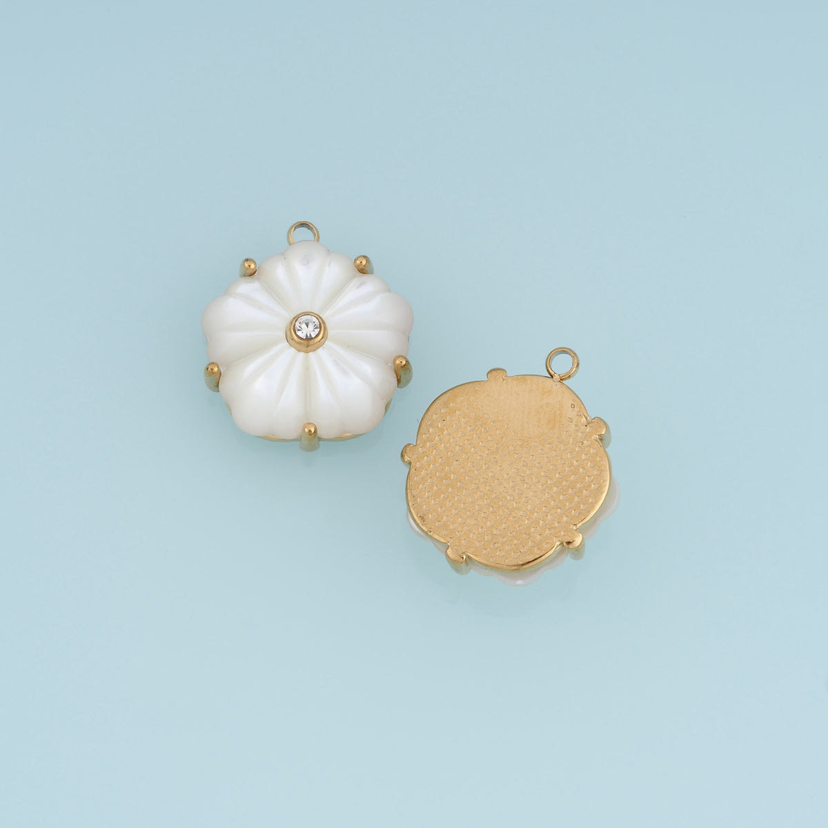 White Pearl Flower Pendant,14K Gold Carved Shell Blossom Crystal Charm DIY Charm for Necklace Bracelet Making
