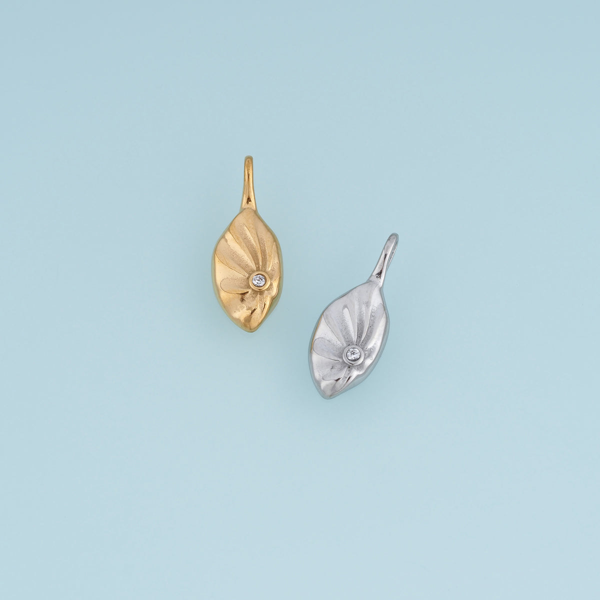 Sculpted Rhombus Leaf Pendant,14K Gold Silver Crystal Accent Botanical Charm DIY Charm for Necklace Bracelet Making