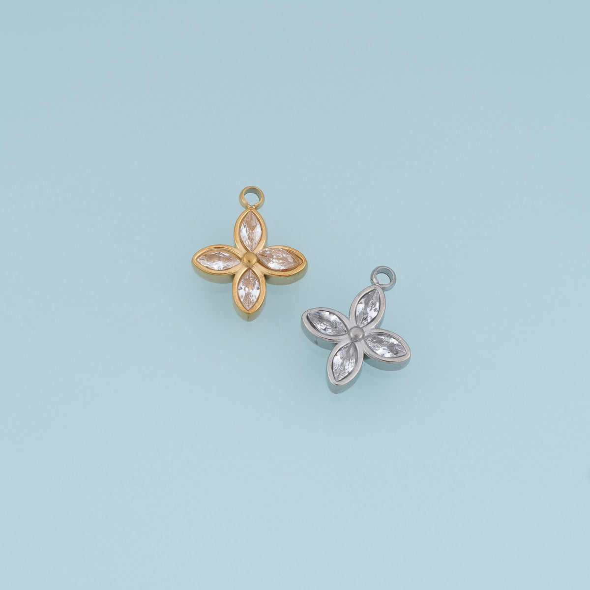 Four Petal Crystal Flower Pendant,14K Gold Silver Elegant Floral Charm DIY Charm for Necklace Bracelet Making