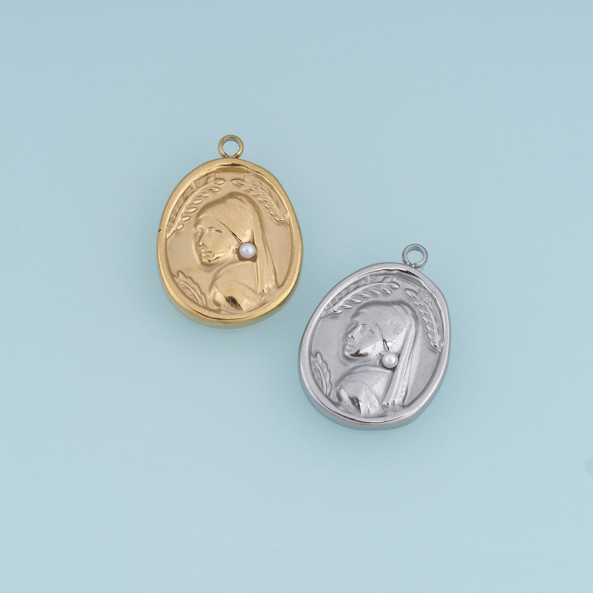 Vintage Lady Portrait Pendant,14K Gold Silver Pearl Earring Oval Medallion Charm DIY Charm for Necklace Bracelet Making
