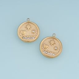 Celestial Star Heart Coin Pendant,14K Gold Vintage Sunburst Crystal Charm DIY Charm for Necklace Bracelet Making