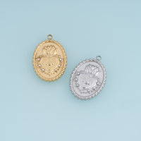 Sacred Heart Medallion Pendant,14K Gold Silver Vintage Pearl Flame Heart Charm DIY Charm for Necklace Bracelet Making
