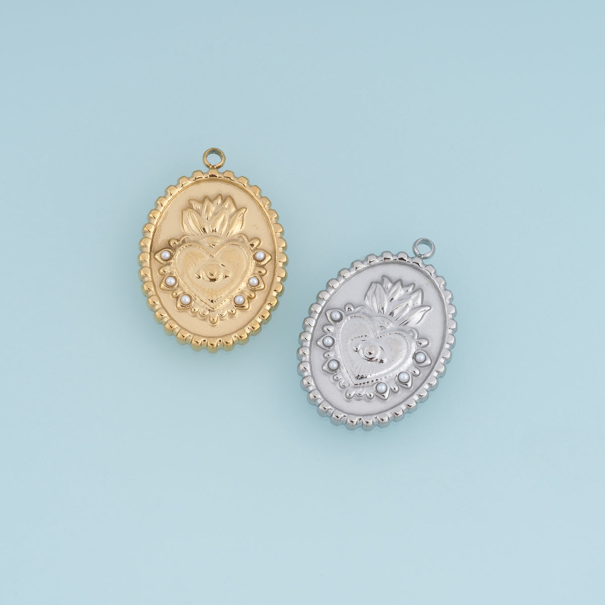 Sacred Heart Medallion Pendant,14K Gold Silver Vintage Pearl Flame Heart Charm DIY Charm for Necklace Bracelet Making