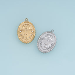Sacred Heart Medallion Pendant,14K Gold Silver Vintage Pearl Flame Heart Charm DIY Charm for Necklace Bracelet Making