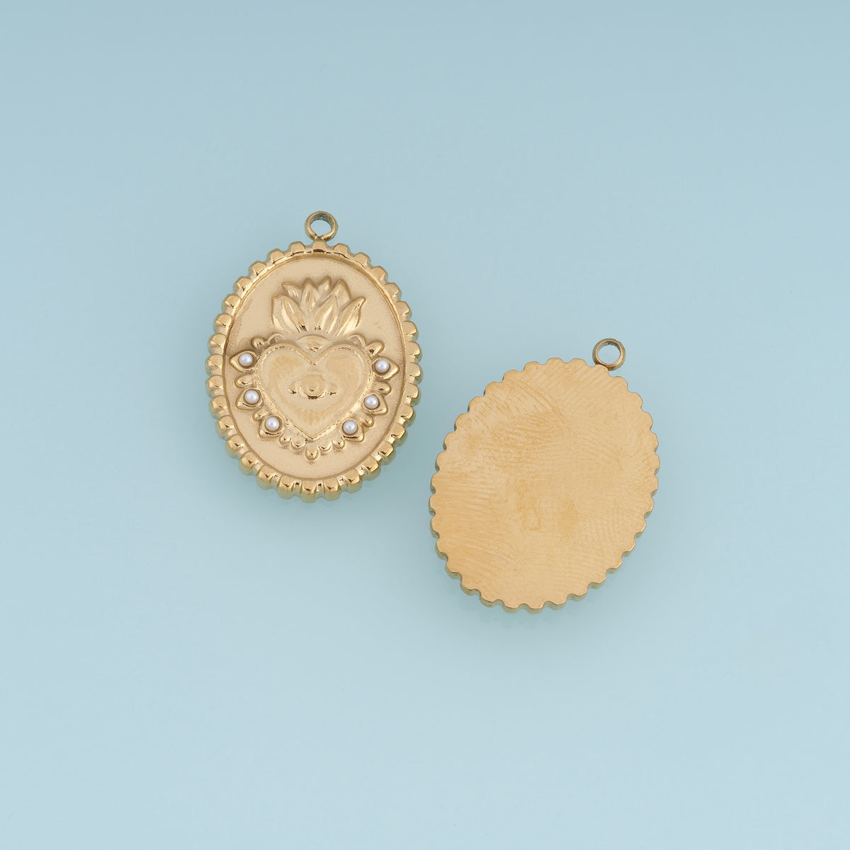 Sacred Heart Medallion Pendant,14K Gold Silver Vintage Pearl Flame Heart Charm DIY Charm for Necklace Bracelet Making