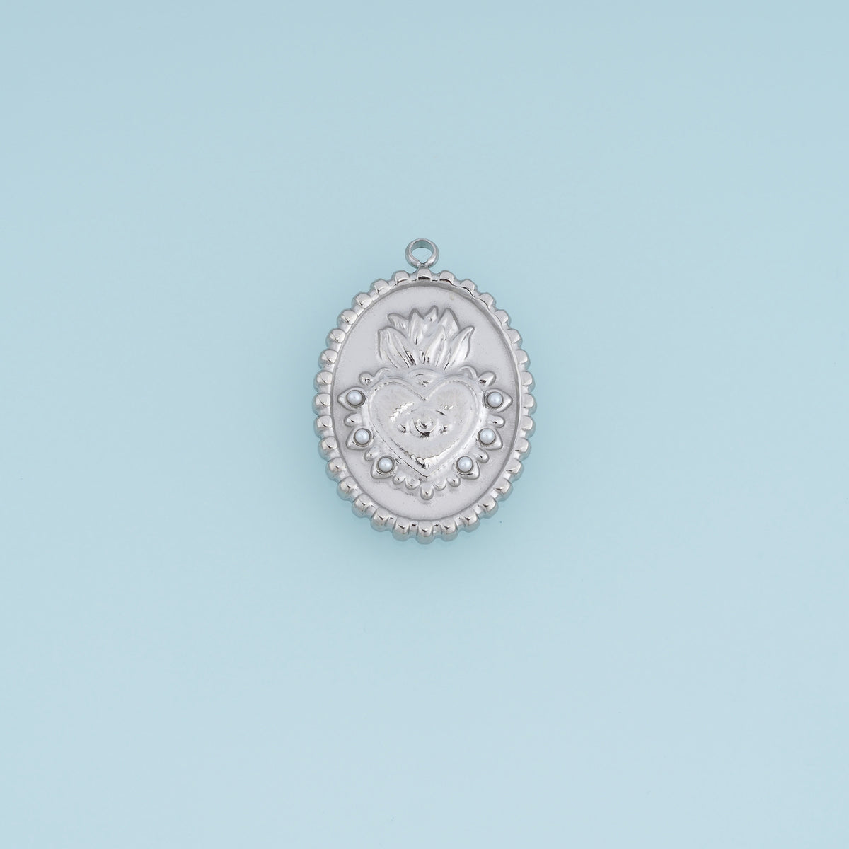 Sacred Heart Medallion Pendant,14K Gold Silver Vintage Pearl Flame Heart Charm DIY Charm for Necklace Bracelet Making
