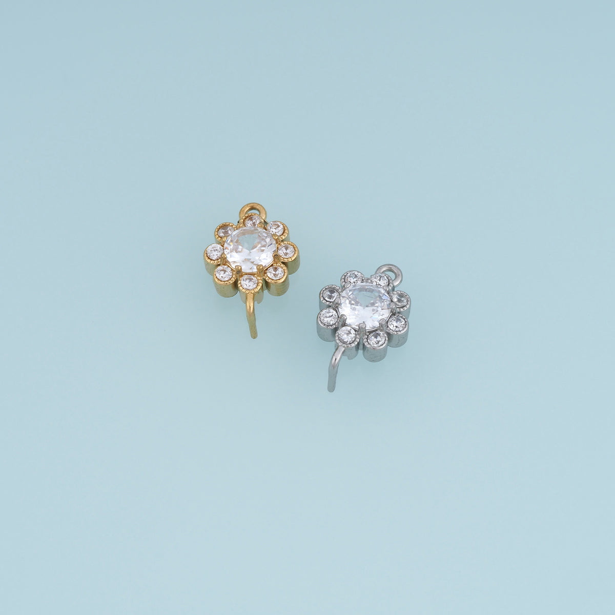 Crystal Flower Connector,14K Gold Silver Sparkling Round Floral Charm DIY Connector for Necklace Bracelet Making