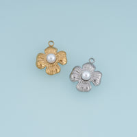 Sculpted Pearl Flower Pendant,14K Gold Silver Textured Four Petal Floral Charm DIY Charm for Necklace Bracelet Making