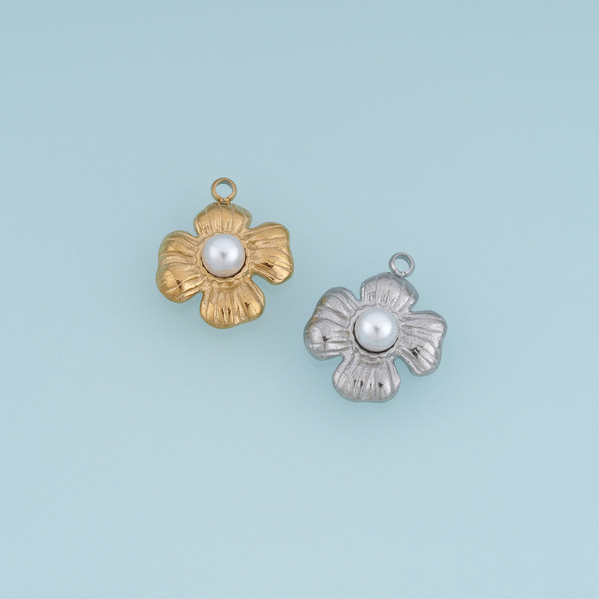 Sculpted Pearl Flower Pendant,14K Gold Silver Textured Four Petal Floral Charm DIY Charm for Necklace Bracelet Making