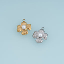 Sculpted Pearl Flower Pendant,14K Gold Silver Textured Four Petal Floral Charm DIY Charm for Necklace Bracelet Making