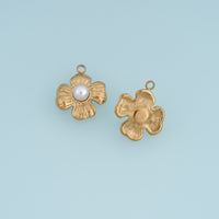 Sculpted Pearl Flower Pendant,14K Gold Silver Textured Four Petal Floral Charm DIY Charm for Necklace Bracelet Making