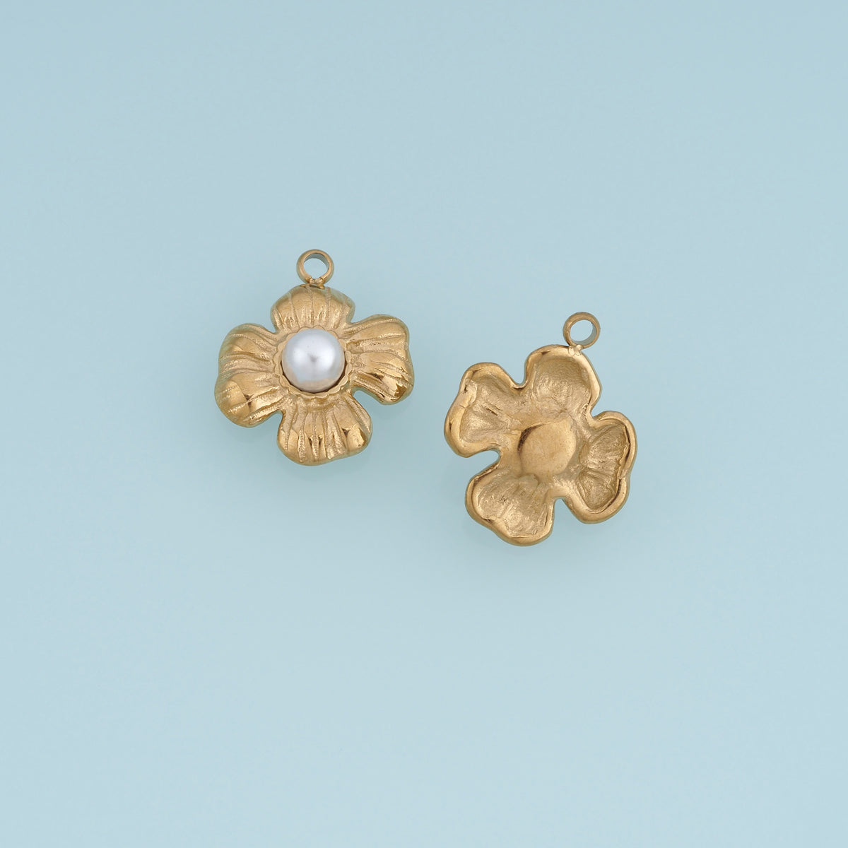 Sculpted Pearl Flower Pendant,14K Gold Silver Textured Four Petal Floral Charm DIY Charm for Necklace Bracelet Making