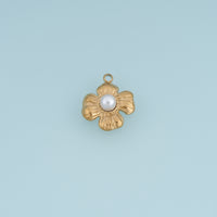 Sculpted Pearl Flower Pendant,14K Gold Silver Textured Four Petal Floral Charm DIY Charm for Necklace Bracelet Making