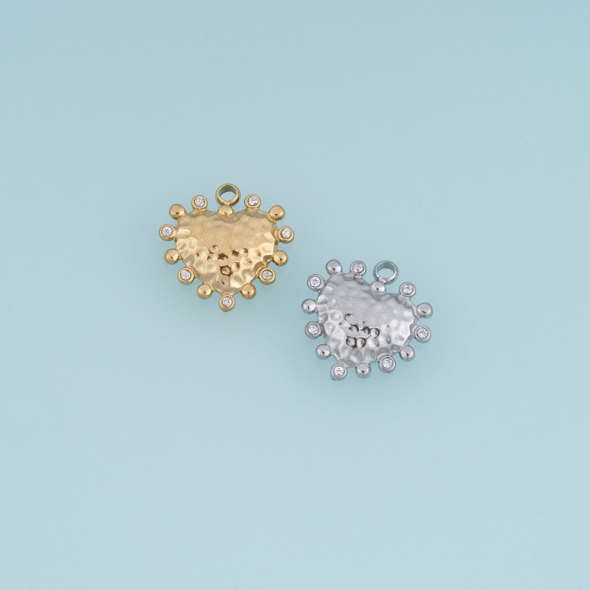Hammered Heart Pendant,14K Gold Silver Crystal Studded Textured Heart Charm DIY Charm for Necklace Bracelet Making