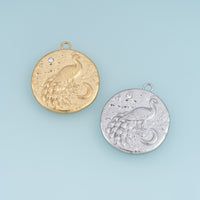 Peacock Moon Medallion Pendant,14K Gold Silver Vintage Textured Bird Charm DIY Charm for Necklace Bracelet Making