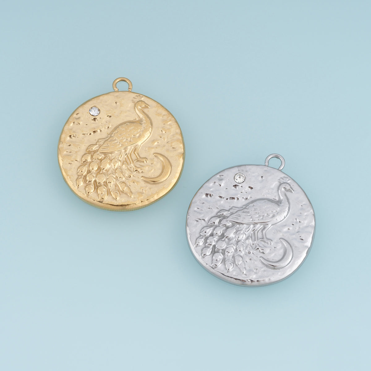 Peacock Moon Medallion Pendant,14K Gold Silver Vintage Textured Bird Charm DIY Charm for Necklace Bracelet Making