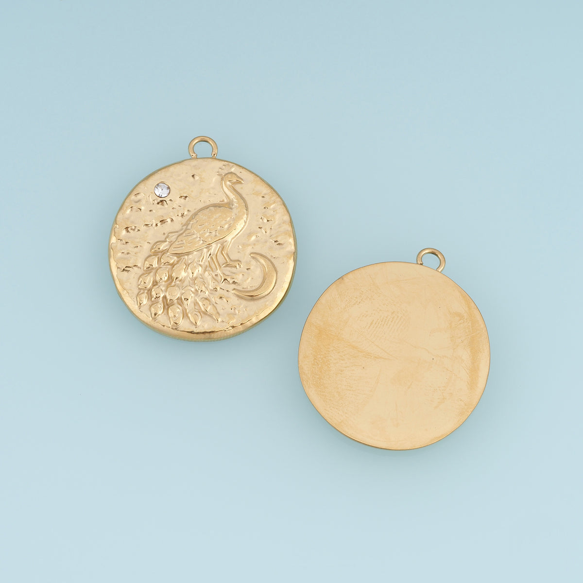 Peacock Moon Medallion Pendant,14K Gold Silver Vintage Textured Bird Charm DIY Charm for Necklace Bracelet Making