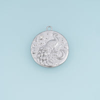 Peacock Moon Medallion Pendant,14K Gold Silver Vintage Textured Bird Charm DIY Charm for Necklace Bracelet Making