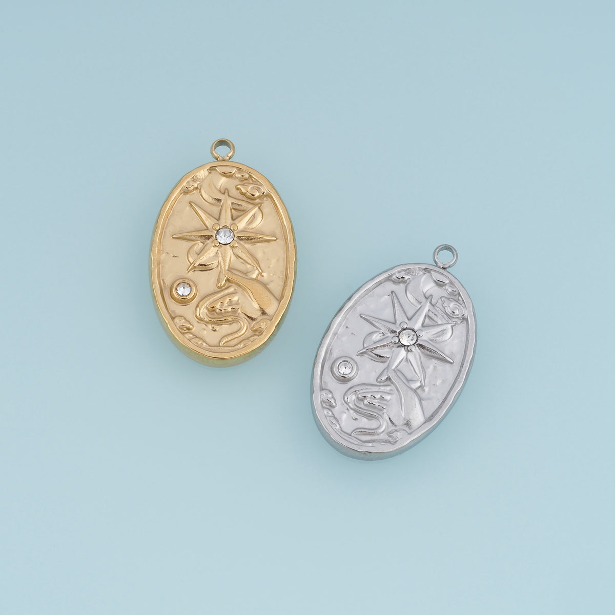 Celestial Star Moon Oval Pendant,14K Gold Silver Vintage Nature Motif Crystal Charm DIY Charm for Necklace Bracelet Making