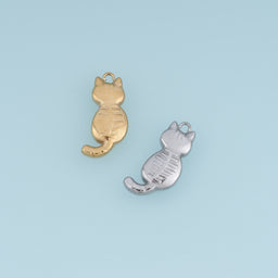 3D Cat Pendant,14K Gold Silver Cute Cat Animal Charm with Curved Tail DIY Charm for Necklace Bracelet Making