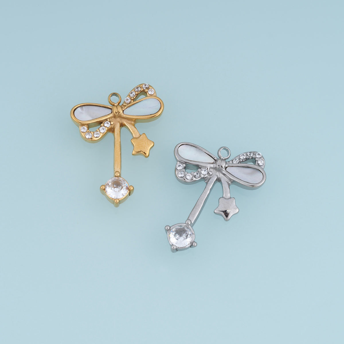 Dragonfly Crystal Pendant,14K Gold Silver Winged Insect Charm with Shell Detail and Star Dangle DIY Charm