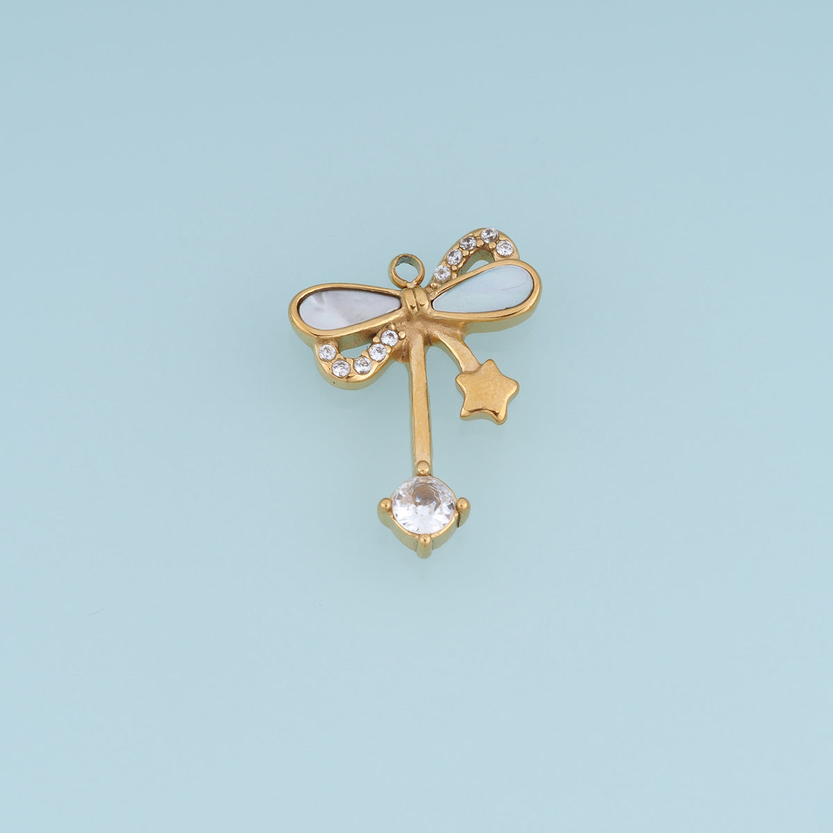 Dragonfly Crystal Pendant,14K Gold Silver Winged Insect Charm with Shell Detail and Star Dangle DIY Charm