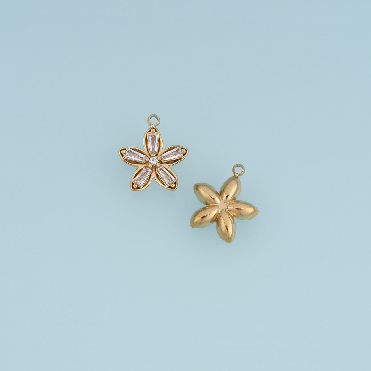 Crystal Five Petal Flower Pendant,14K Gold Floral Blossom Charm with Clear Stones DIY Charm for Necklace Bracelet Making