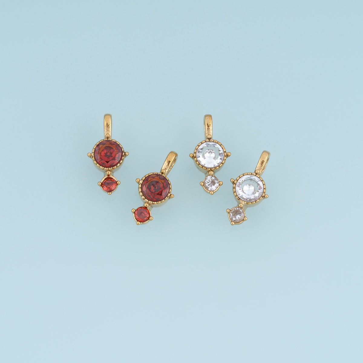Double Drop Gemstone Pendant,14K Gold Red Clear Crystal Charm DIY Charm for Necklace Bracelet Making