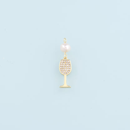 Gold Wine Glass Charms,18K Gold Filled Pearl Wine Glass Pendant,CZ Wine Glass Charm Bracelet Necklace for DIY Jewelry Making Supply