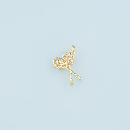 18K Gold Filled Badminton Racket Pendant,CZ Badminton Charm Bracelet Necklace for DIY Jewelry Making Supply