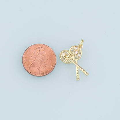 18K Gold Filled Badminton Racket Pendant,CZ Badminton Charm Bracelet Necklace for DIY Jewelry Making Supply