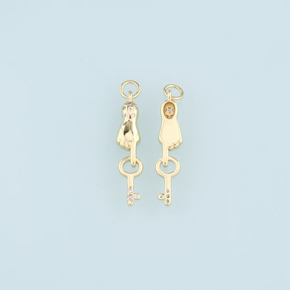 18K Gold Filled Hand Key Pendant,CZ Key Charm Bracelet Necklace for DIY Jewelry Making Supply