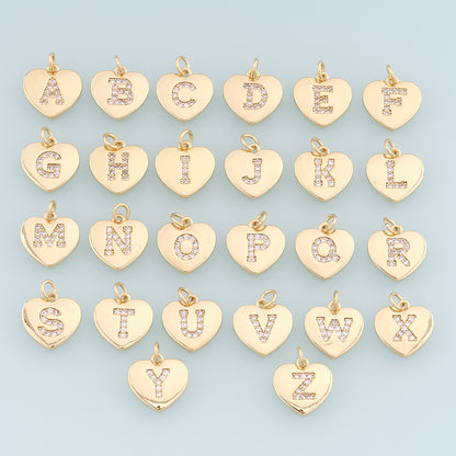 Gold Heart letter Charms,18K Gold Filled letter Pendant,Initial Charm Bracelet Necklace for DIY Jewelry Making Supply