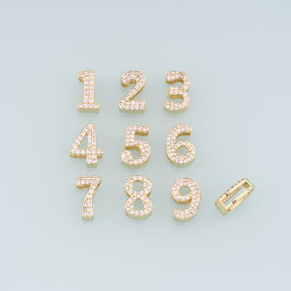 18K Gold Filled Number Pendant,CZ Side Hole Number Charm Bracelet Necklace for DIY Jewelry Making Supply